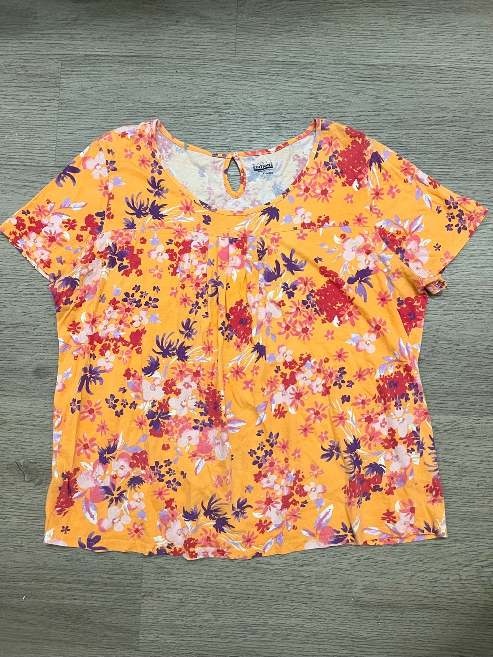 Basic Editions Yellow Floral Scoop Neck Short Sleeve Tee